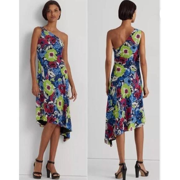 Ralph Lauren One Shoulder Floral Dress Asymmetric Chiffon Women’s 4 Gardencore - Picture 2 of 6